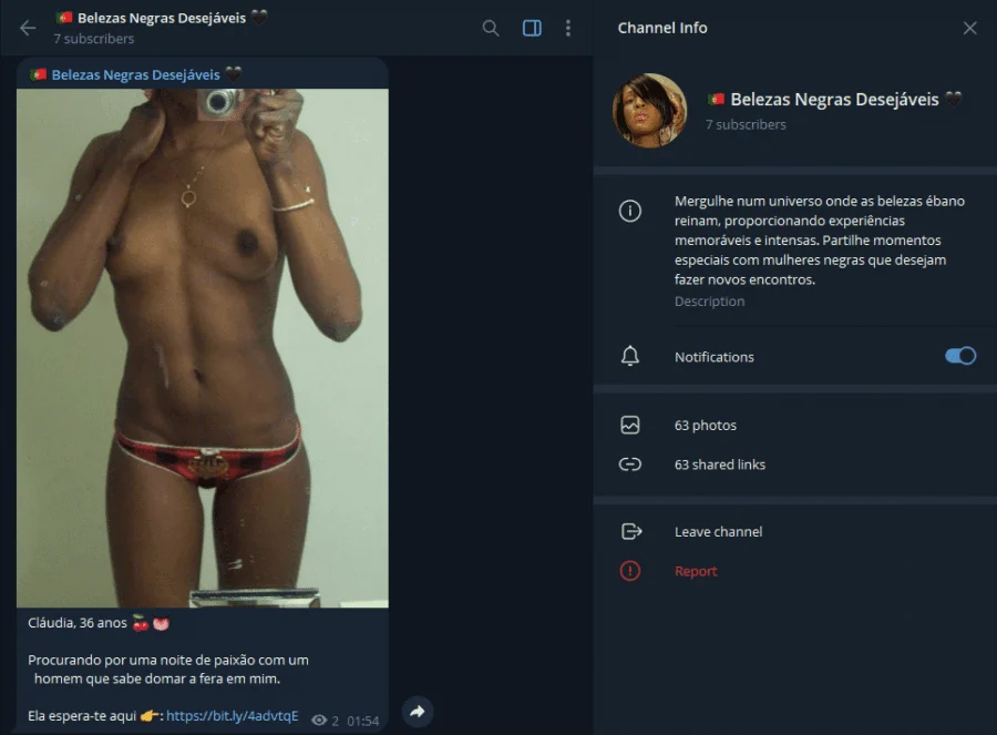 Pré-visualização do grupo do Telegram Belezas Negras Desejáveis